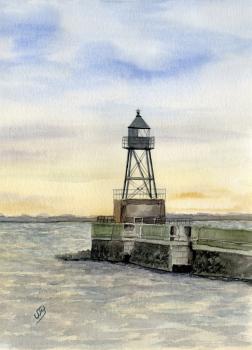 Postcard DIN-A5  Watercolor Maritime Art Print North Sea Wilhelmshaven Lighthouse Pier Mole
